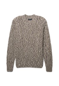 Strickpullover in sanftem Braun mit lila Sprenkeln. Verfügt über einen Rundhalsausschnitt und ein strukturiertes Zopfmuster. Aus weichem, dickem Garn gefertigt.