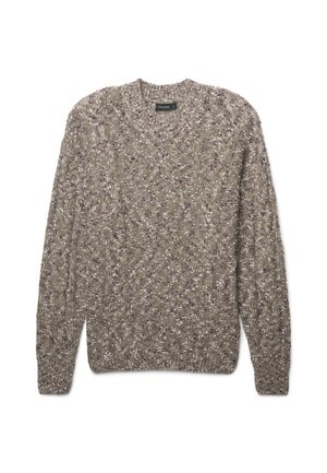 Maglione a maglia in marrone tenue con macchie di viola. Presenta un colletto rotondo e un motivo a cavo testurizzato. Realizzato in un filato morbido e spesso.