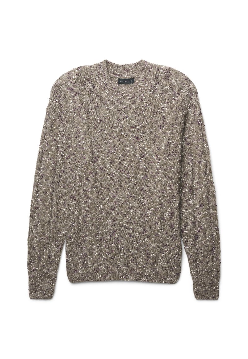 Strickpullover in sanftem Braun mit lila Sprenkeln. Verfügt über einen Rundhalsausschnitt und ein strukturiertes Zopfmuster. Aus weichem, dickem Garn gefertigt.