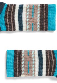 Calcetines hasta la rodilla en azul, marrón y blanco con patrones de rayas alternas; textura suave; acento contrastante en la parte superior.