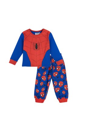 Kinder-Schlafanzug-Set mit langärmeligem Spider-Man-Oberteil in Rot und Blau mit Spinnenlogo und blauen Hosen mit mehreren Spider-Man-Gesichtern.