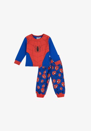 Kinder-Schlafanzug-Set mit langärmeligem Spider-Man-Oberteil in Rot und Blau mit Spinnenlogo und blauen Hosen mit mehreren Spider-Man-Gesichtern.
