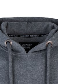 Grauer Kapuzenpullover mit Kordelzug, ausgestattet mit Metallösen. Das Etikett im Inneren des Kragens trägt die Aufschriften "SPITZBUB ORIGINAL" und "PULLOVERMON - DU BIST DRAN!" in Schwarz.