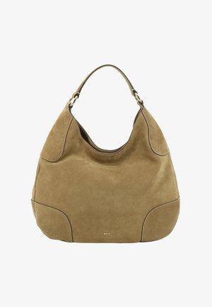 Suede hobo bag in tan with a curved silhouette, featuring a single strap and contrast stitching. Logo subtly embossed on the front.