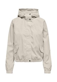 Světle béžová bunda s kapucí, zapínáním na patentky, elastickými manžetami a lemem, a dvěma předními kapsami s klopou na knoflíky.