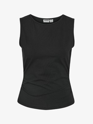Črn brezrokavnik s prileganim krojem, okrolim izrezom in subtilnimi naborki na straneh, izdelan iz gladkega blaga.