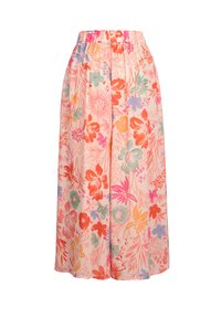 Floral-patterned wide-leg pants in soft, lightweight fabric. Features vibrant colors: pink, orange, green, and blue on a pale background. Elastic waistband.