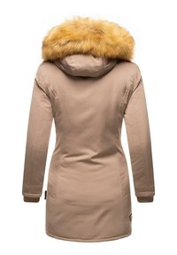 Beige long parka with a hood featuring a detachable yellow fur trim, ribbed cuffs, and a smooth, sleek exterior.