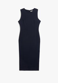 Marineblaue, ärmellose Midikleid mit tailliertem Schnitt, rundem Ausschnitt und zwei Vorderentaschen. Glatte Textur und verdezippter Reißverschluss hinten.