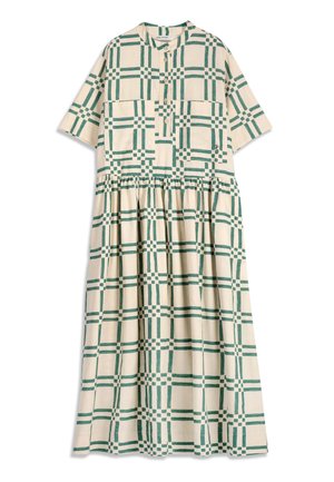 Vestido midi beige de manga corta con estampado de cuadros verdes, escote redondo, botones delanteros y cintura fruncida.