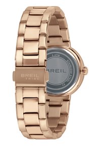 Montre en acier inoxydable rose gold avec un bracelet à maillons, un boîtier rond et un fond transparent affichant le texte "5 ATM" et "STAINLESS STEEL".