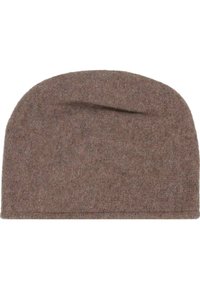 Brūns vilnas beanie ar mīkstu tekstūru, noapaļotu augšu un salocītu malu dizainu, lai cieši pieguļ.