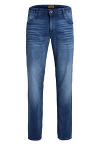 Blue denim jeans with a straight-leg cut, featuring subtle whiskering and a button closure. Classic five-pocket design with stitched seams.