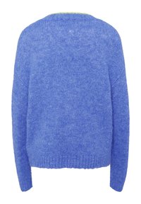 Blauer Pullover aus weichem, strukturiertem Material mit einem runden Halsausschnitt und langen Ärmeln. Mit gerippten Bündchen und Saum.