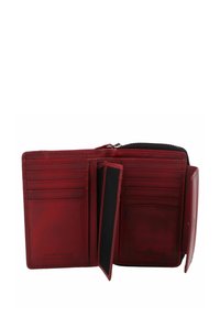 Portafoglio in vera pelle rossa con più scomparti per carte, una tasca per monete e protezione RFID. Texture liscia con chiusura a zip.