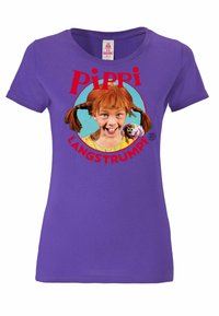 Purple cotton t-shirt featuring a graphic of a character with red hair in pigtails, accented by the text "Pippi Langstrumpf" in bold red.