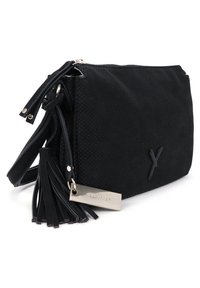 Black, perforated faux leather crossbody bag with a zip closure, tassel accent, and metal brand tag. Rectangular shape with adjustable strap.