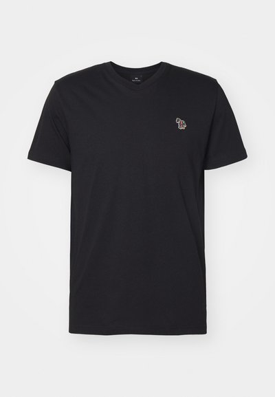 T-shirt en coton noir avec un design à col en V et des manches courtes, comportant un motif animal brodé multicolore sur la poitrine.