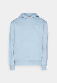 Sweat à capuche bleu clair avec poche kangourou devant et petit logo Jumpman blanc sur la poitrine, manches longues et poignets côtelés.