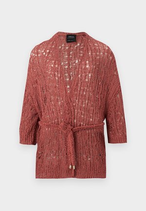 Rust-colored open-knit cardigan with three-quarter sleeves and a braided belt tied at the waist, displayed on a white background.