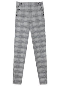 Pantaloni grigi a scacchi con accenti neri e più bottoni laterali. Il design slim fit presenta un tessuto testurizzato e un motivo a quadri.