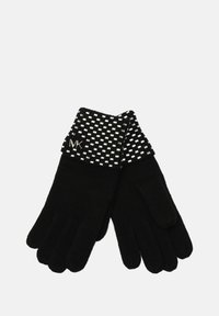 Gants noirs avec un poignet en tricot à motifs présentant des carrés blancs ; comprend un petit logo argenté sur le poignet. Texture douce, design côtelé.