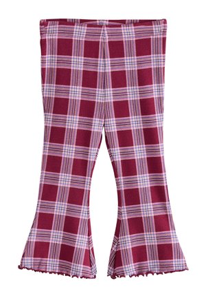 Utsvängda randiga byxor i burgundy, rosa och blått; har en mjuk textur och volangkant; materialet är stretchigt och bekvämt.