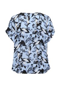 Haut bleu clair avec un motif floral noir et marine. Manches courtes, ourlet arrondi et texture de tissu douce. La vue de dos met en valeur les détails du motif.
