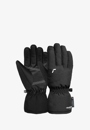 Une paire de gants d'hiver isolés noirs avec des paumes texturées, des poignets élastiques et de petits clips pour fixation, étiquetés "reusch R-TEX XT".