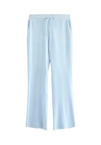 Jasnoniebieskie spodnie dresowe wykonane z miękkiego materiału, z regulowanym paskiem w talii, dwoma bocznymi kieszeniami oraz prostymi nogawkami.