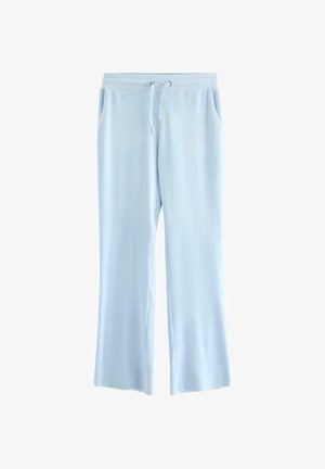 Pantalon de survêtement bleu clair en tissu doux, doté d'une taille à cordon de serrage, de deux poches latérales et d'une coupe droite.