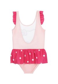 Costume da bagno rosa con scollatura profonda, spalle arricciate e gonna svasata con pois bianchi su una sezione di rosa scuro.