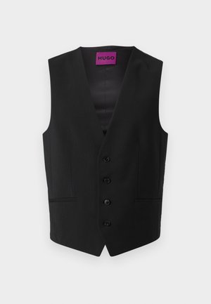 Schwarwestes formales Weste mit V-Ausschnitt, aus glattem Stoff gefertigt, mit fünf Knöpfen und zwei Fronttaschen. Innenfutter aus einem ähnlichen Material.