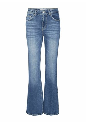 Pantalones de mezclilla acampanados en azul claro, con una cintura de media altura, diseño clásico de cinco bolsillos y un sutil acabado desgastado.