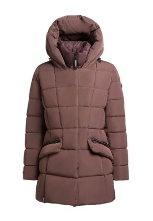 Mauve värvi sooja talvejope kõrge kraega, reguleeritava kapuutsiga, esise tõmbluku ja tõmblukuga klapptaskutega valgel taustal.