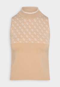 Top senza maniche lavorato a maglia beige con collo alto. Presenta un motivo testurizzato di una tonalità più chiara, finitura liscia e dettagli a coste.
