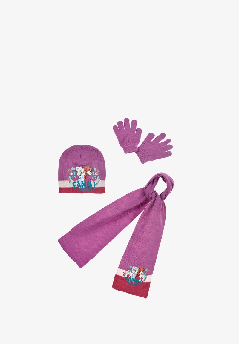 Set di cappello di lana viola, guanti e sciarpa; presenta grafiche di personaggi e il testo "Family Forever"; texture morbida con accenti di colore a contrasto.