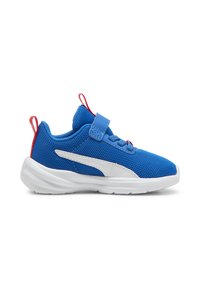 Blue mesh athletic shoe with white rubber sole and side accents, featuring a Velcro strap and red heel pull tab. Lightweight design.