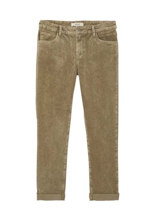 Pantalons en velours côtelé marron avec ourlets roulés, bouton frontal, fermeture éclair, passants de ceinture et poches avant, présentés à plat sur un fond blanc.
