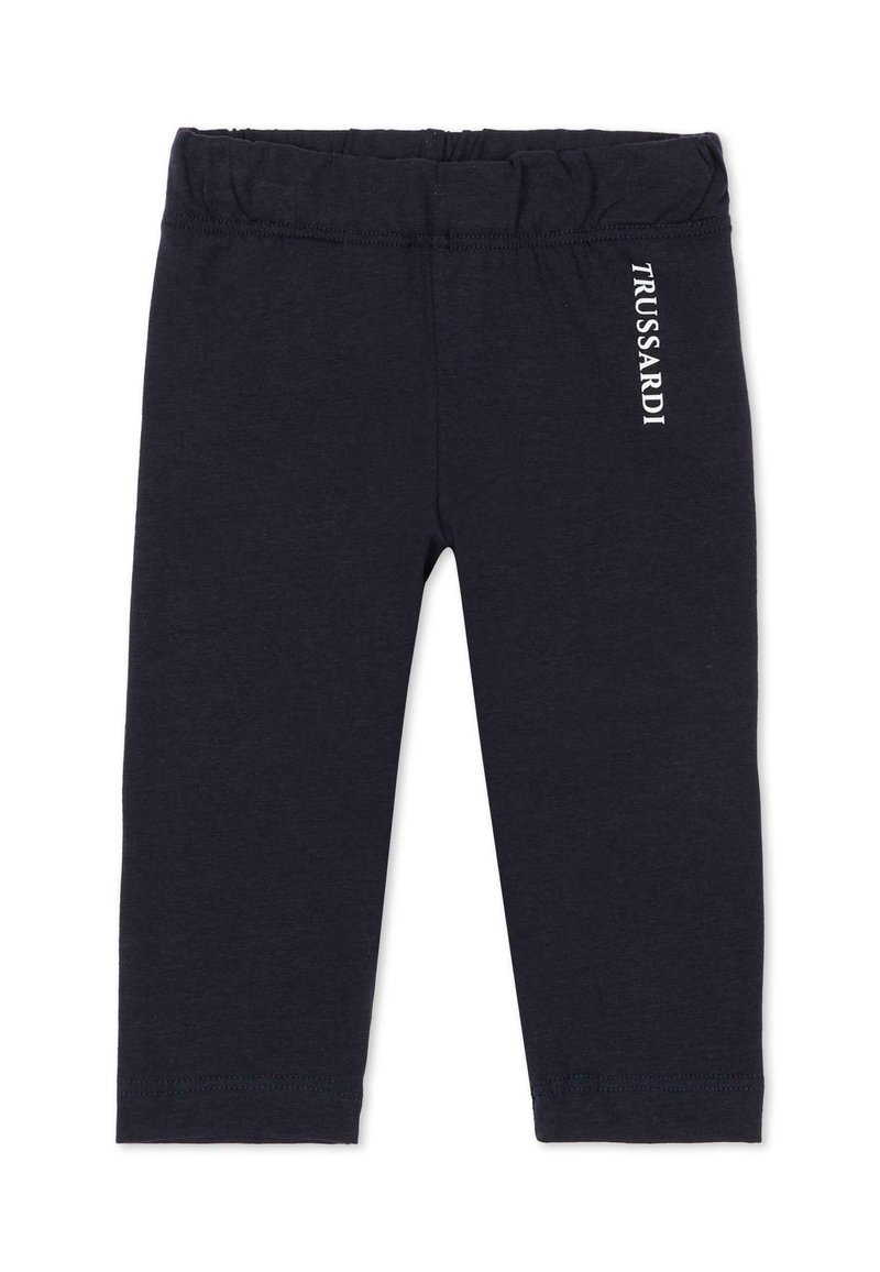 Granatowe legginsy wykonane z miękkiej bawełny, z elastycznym paskiem w talii i nadrukowanym logo po boku. Gładka faktura, bez widocznych wzorów.