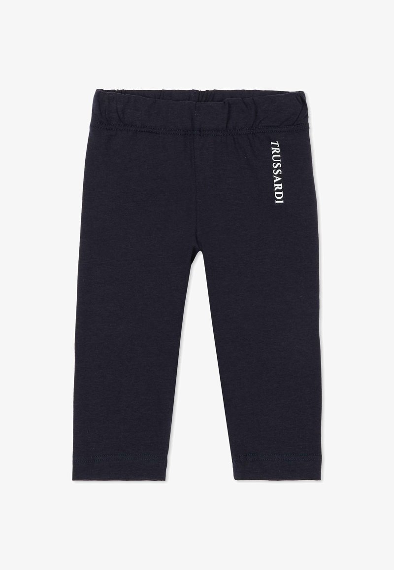 Granatowe legginsy wykonane z miękkiej bawełny, z elastycznym paskiem w talii i nadrukowanym logo po boku. Gładka faktura, bez widocznych wzorów.