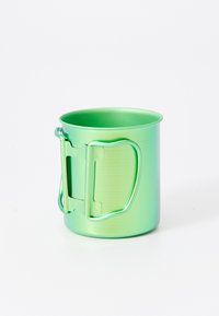 Green aluminum mug with a smooth, reflective surface and a side-mounted metal handle. Cylindrical shape with a slight taper at the base.
