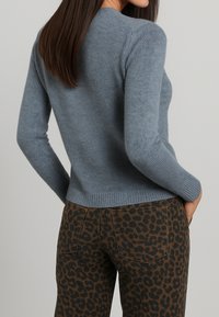 Maglione azzurro chiaro in materiale morbido, con maniche lunghe e orli a coste, abbinato a pantaloni con stampa leopardo marrone.