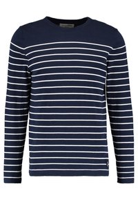 Camiseta de manga larga azul marino con rayas blancas horizontales, cuello redondo, fabricada en algodón. Presenta una pequeña etiqueta en el lado inferior.