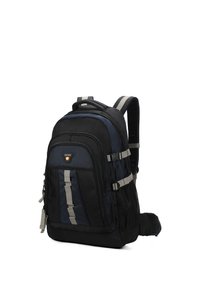 Zaino nero e blu con più scomparti, dettagli grigi, tasche laterali in rete e spallacci imbottiti per il comfort. Tasche anteriori con zip.