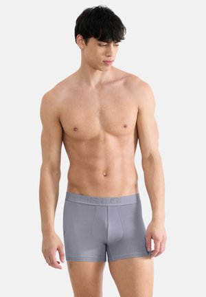 Grå boxershorts lavet af glat stof med tætsiddende pasform, med en elastisk linning debosseret med "SLG." Ingen mønstre eller accenter.