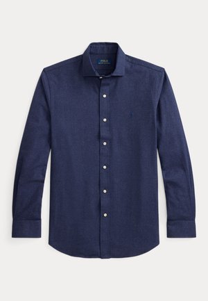 Chemise bleu marine à manches longues avec col, boutons blancs et petit logo brodé sur la poitrine gauche par Polo Ralph Lauren.