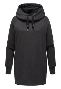 Abito felpa grigio scuro realizzato in tessuto morbido, con colletto alto, cordoncini regolabili e polsini a costine. Design casual e dal fit rilassato.