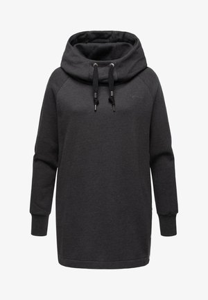 Dark grey hoodie dress made of soft fabric, featuring a high neck, adjustable drawstrings, and ribbed cuffs. Casual, relaxed fit design.