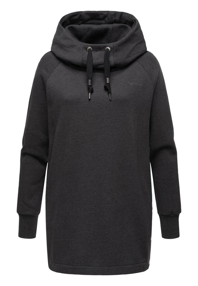 Abito felpa grigio scuro realizzato in tessuto morbido, con colletto alto, cordoncini regolabili e polsini a costine. Design casual e dal fit rilassato.